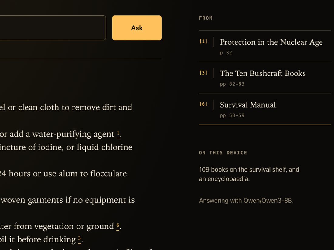 The bottom of an answer on the LAST LIGHT screen: a FROM list naming three books with their page ranges, and a line saying the Archivist cited 3 of the 6 passages it read