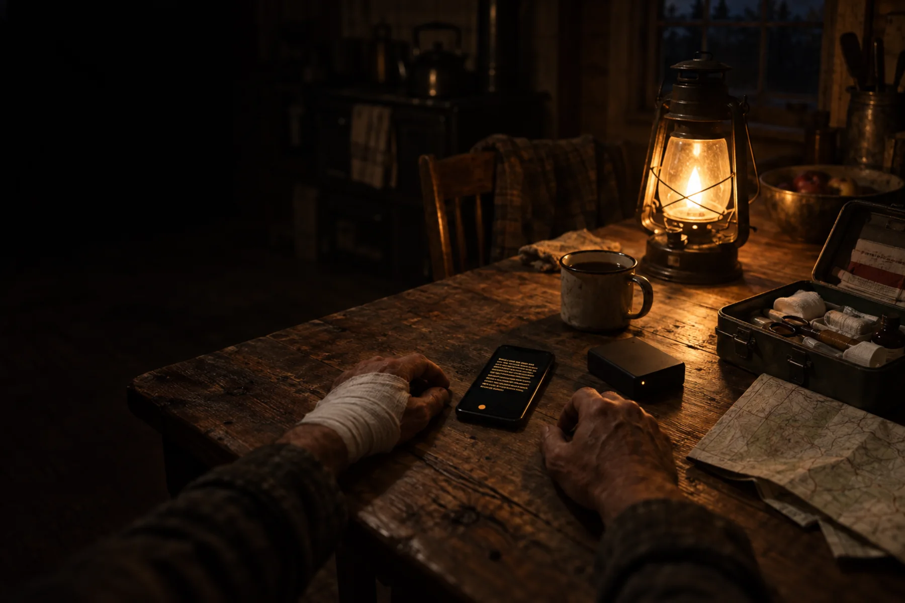 A farmhouse kitchen at night with the power out: an oil lantern on a scarred table, a bandaged hand resting beside a phone showing amber text, and a small black box next to it