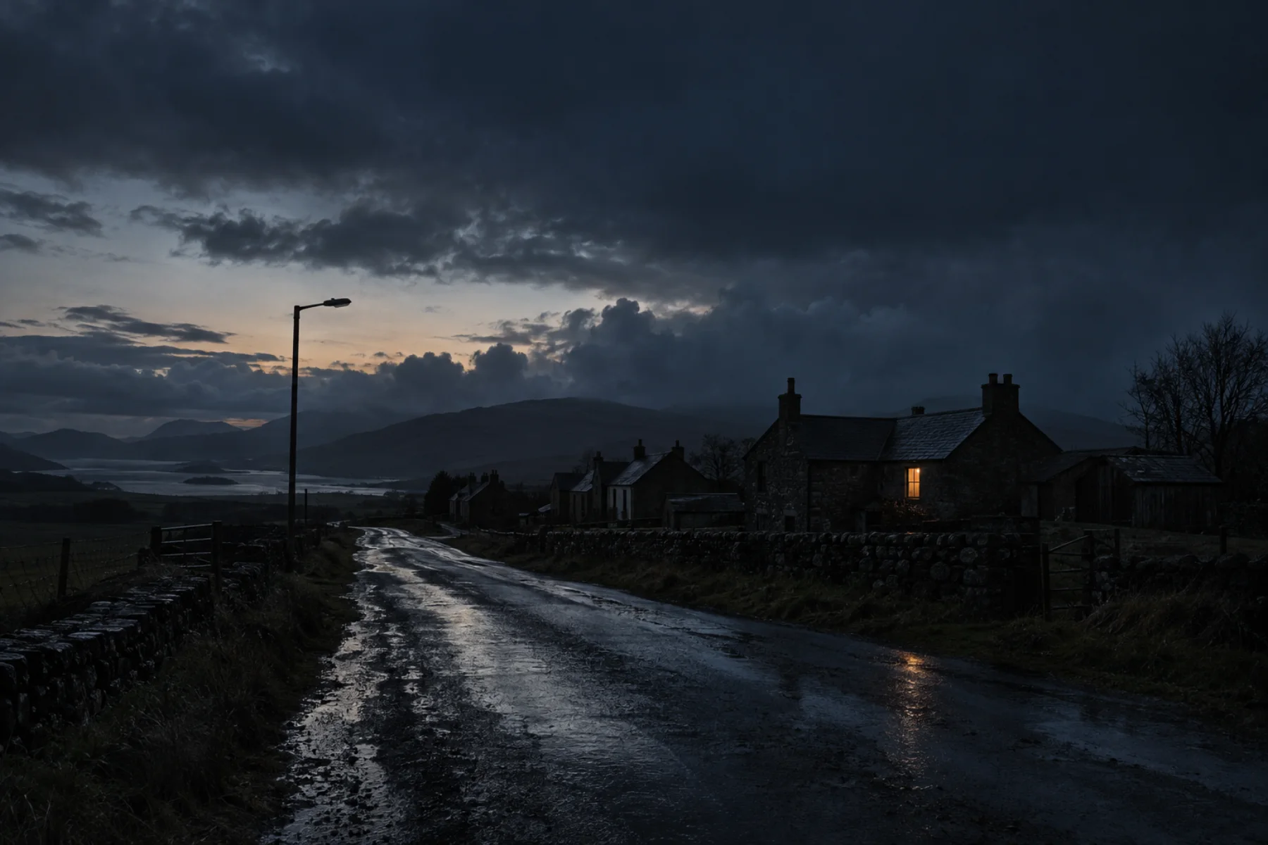 A wet country road at dusk under a heavy sky, every house dark except one farmhouse window lit warm