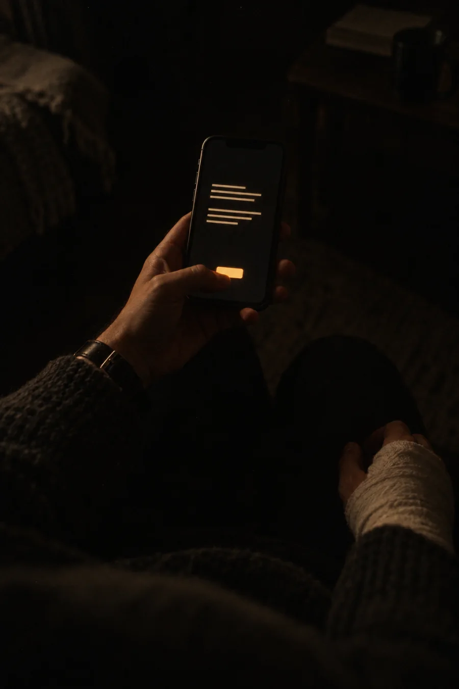 A hand holding a phone in a dark room, the screen showing a few lines of text and an amber button, with a bandaged hand at the edge of the frame