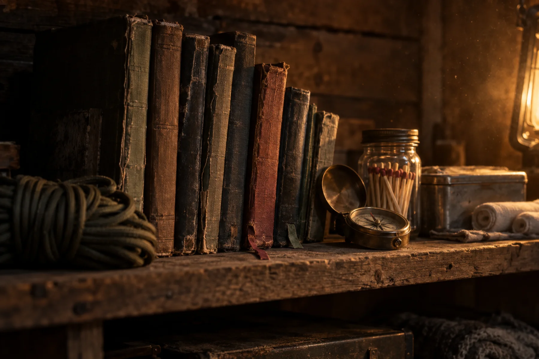 Worn survival manuals standing on a plank shelf in lantern light, beside coiled cord, a brass compass and a jar of matches